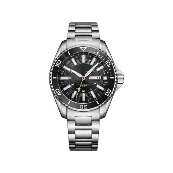 Custom black dial stainless steel watch